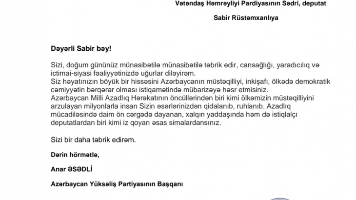AY Partiya Başqanından VHP Sədrinə təbrik